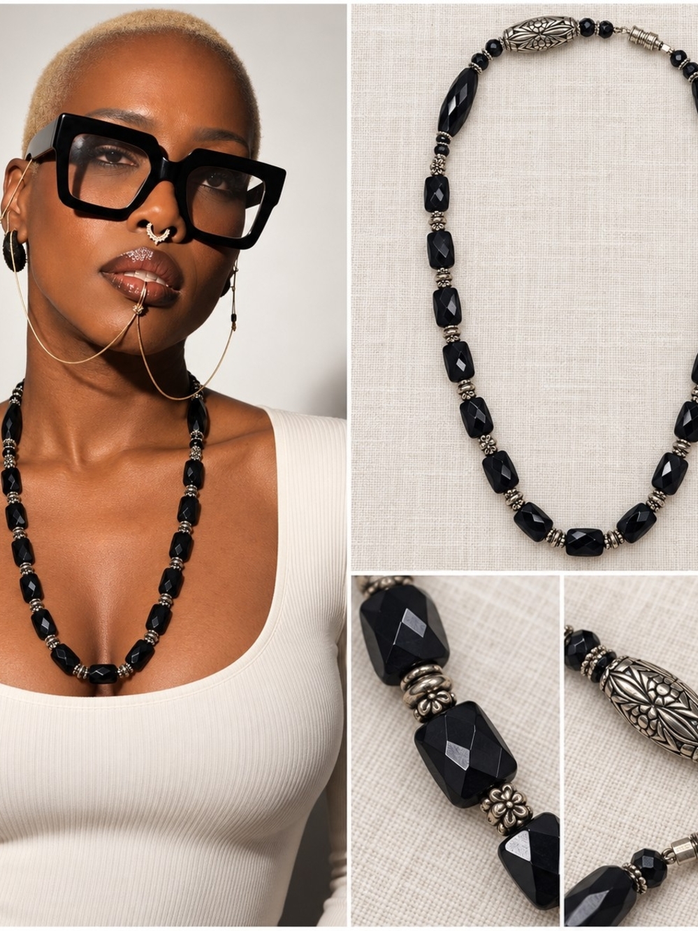 Black Faceted Bead Necklace with Ornate Silver-Tone Spacers